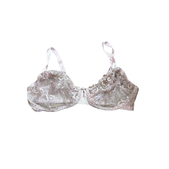 Sheer Embroidered Lace No Underwire Bra Pink Floral Mesh 40D - Picture 1 of 5